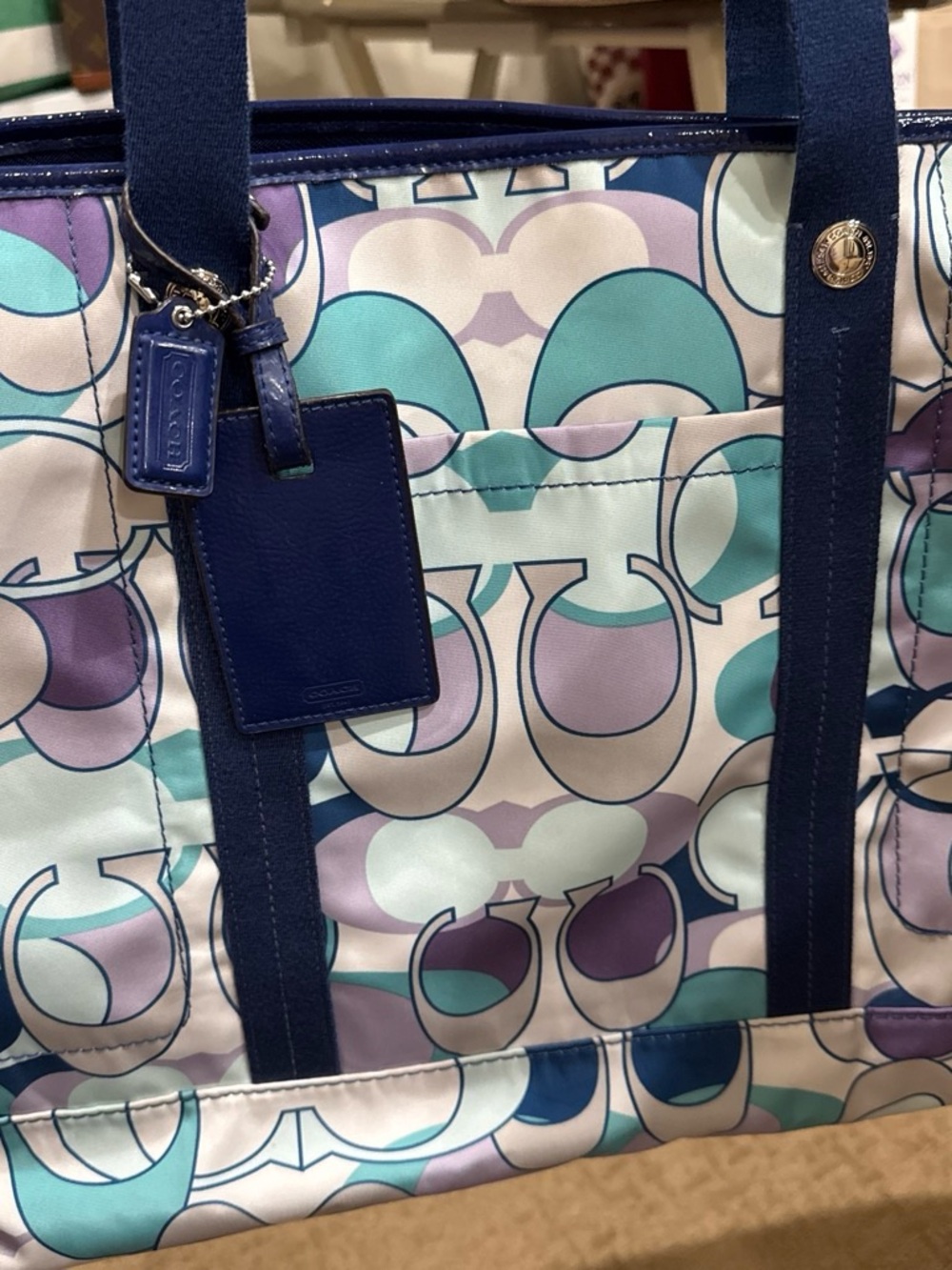 Coach Kyra Print Lavender & Teal Signature Tote with Navy Trim
